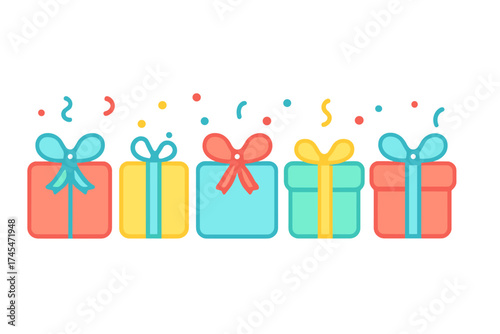 Row of five brightly colored presents wrapped with bows and falling confetti