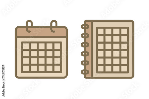 Set of two beige and brown icons showing a desk calendar and a spiral bound planner for organization