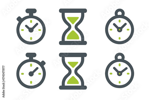 Modern time management icons set featuring stopwatch, analog clock, and hourglass symbols for scheduling and deadlines