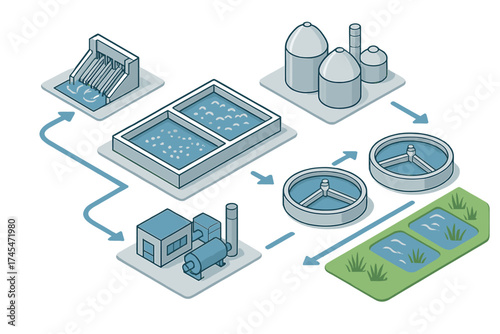 Complete cycle of water purification and sewage treatment stages in an industrial facility