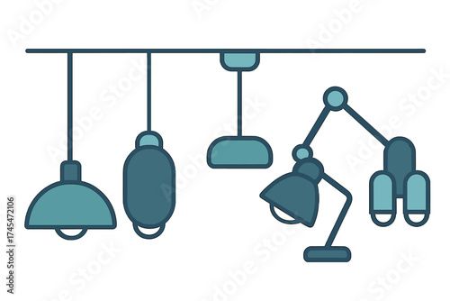Collection of various modern lighting fixtures including hanging pendant lamps and an adjustable desk lamp