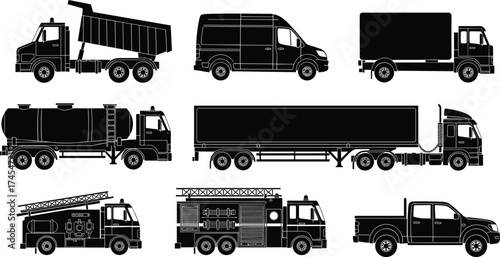 Black and white truck vector illustration, dump truck, cargo van, box truck, tanker truck, fire truck, fire engine, pickup truck clipart