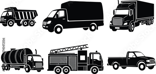 Black and white truck vector illustration, dump truck, delivery van, semi truck, tanker truck, fire truck, pickup truck, utility vehicle clipart