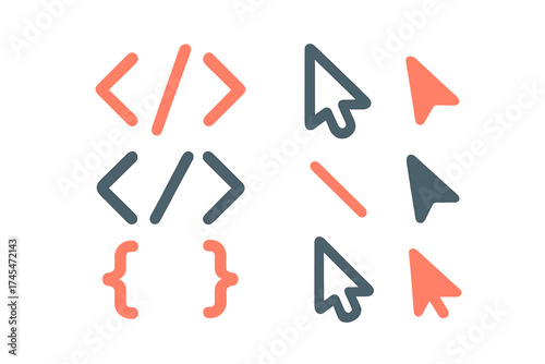 Modern flat design icons featuring coding brackets and computer mouse cursors