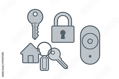 Security and access icons set featuring keys, padlock, key fob, and house key ring