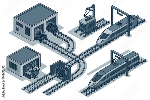 Isometric diagram showing high-speed train maintenance depot and rail infrastructure layout