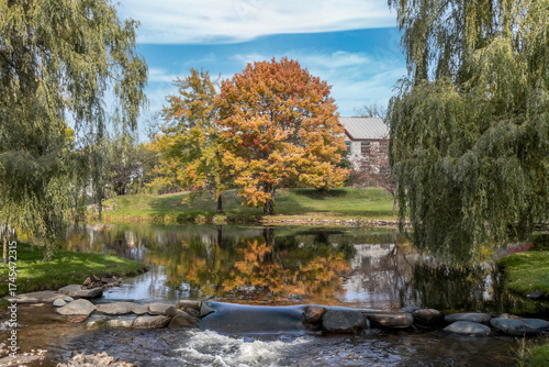 A waterfall on a small lake in a park with autumn colours and foliage, willow trees, sunshine, nobody