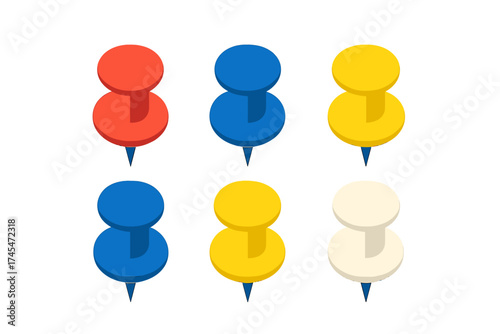 Six colorful thumbtacks and pushpins arranged in two rows with an isometric perspective