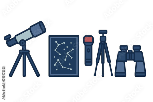 Essential equipment for amateur astronomy including telescope, binoculars, star chart, and tripod