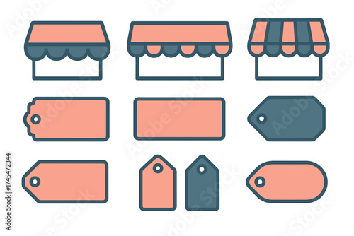 Shop awning icons and blank price tags for retail and e-commerce applications