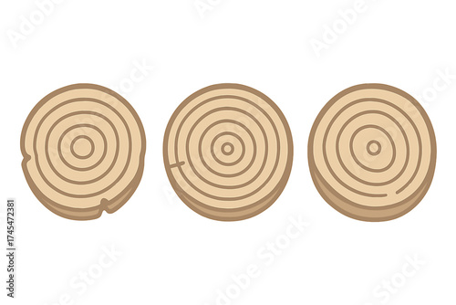 Three stylized wood cuts showing natural texture and concentric growth rings