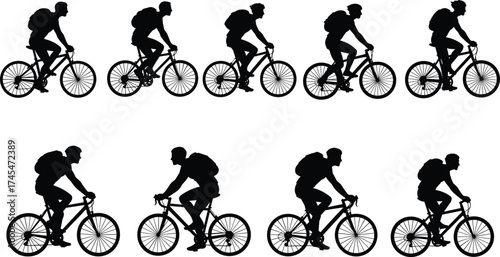 Silhouette sequence cyclist riding bicycle with backpack, pedaling motion stages, human movement study, sports training, animation reference, biomechanics illustration