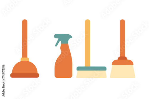 Essential household cleaning tools collection including plunger spray bottle and brooms