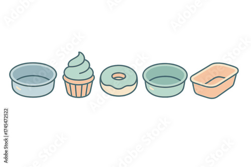 Collection of baking pans and sweet desserts including a frosted cupcake and glazed donut