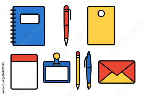 Set of essential office supplies including notebook pens calendar ID badge and envelope