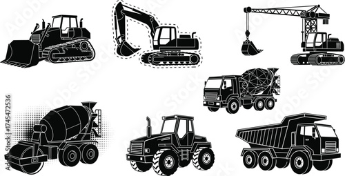 Black silhouette vector illustration, bulldozer, excavator, crawler crane, cement mixer truck, road roller, tractor, dump truck, construction machinery, heavy vehicle, line art