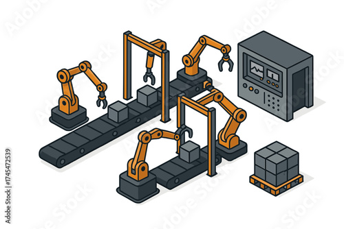 Isometric view of a modern automated factory assembly line using robotic manipulators