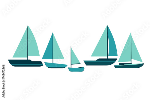 Minimalist design of various sized sailboats sailing together across the ocean