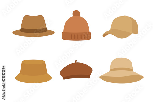 Collection of various headwear styles including fedora, beanie, baseball cap, beret, and sun hat