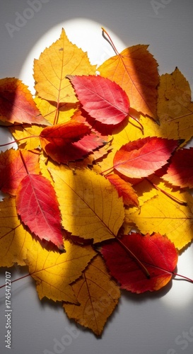 Pile of Autumn Leaves Yellow and Red on White Background and Sunlight