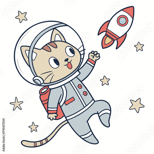 A cute cat astronaut is floating in space with a rocket