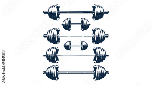 Collection of gym barbells and dumbbells representing strength training and fitness