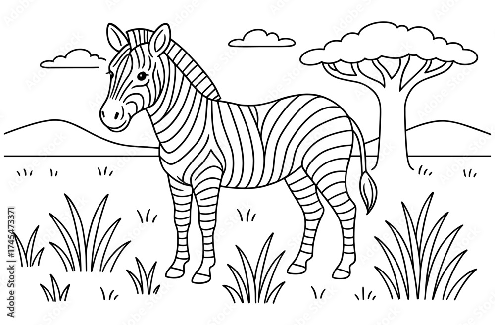 Obraz premium Zebra in the savanna: black and white outline drawing