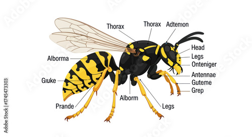 Detailed Illustration of a Yellowjacket Wasp Anatomy.