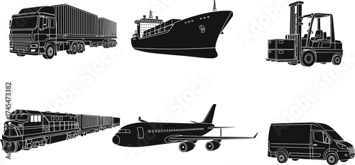 Black silhouette vector illustration, cargo truck, cargo ship, forklift, freight train, airplane, delivery van, logistics transport, supply chain, line art