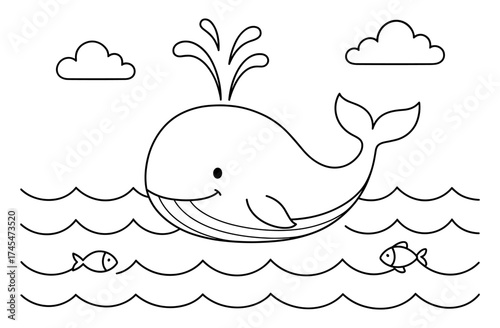 Cute whale in ocean scene with fish and clouds in outline style