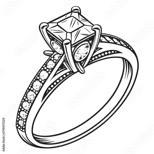 Illustration of a diamond ring with a square cut stone