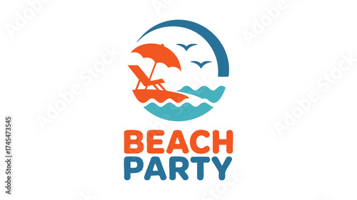 Vibrant beach party logo design with sun umbrella ocean waves and flying birds