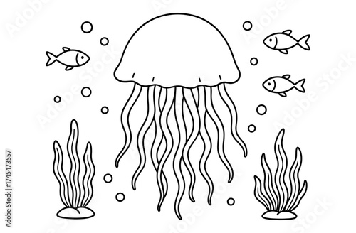Underwater outline scene with jellyfish and fish among seaweed and bubbles