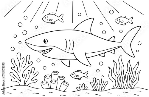 Playful shark coloring page for kids with ocean scene and marine life