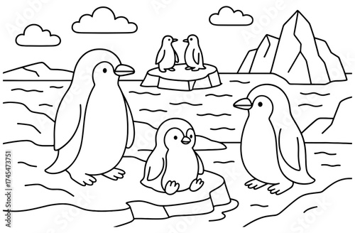 Cute penguin family on icy landscape with clouds and icebergs