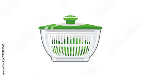 Green and White Salad Spinner Kitchen Utensil for Drying Greens.