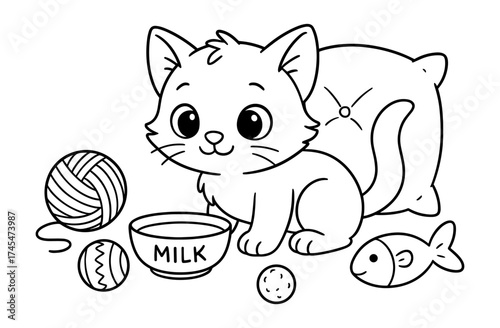 Adorable cat coloring page with toys and milk bowl for kids