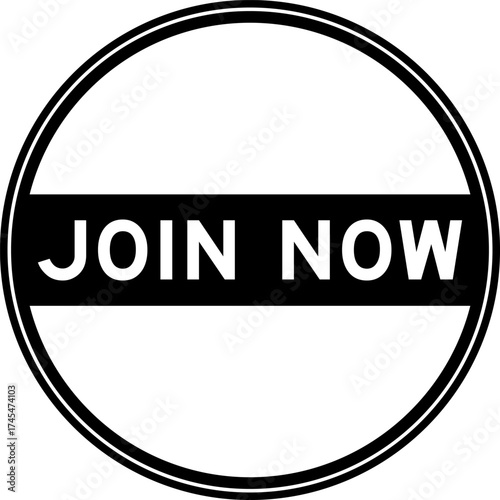 Black color round seal sticker in word join now on white background