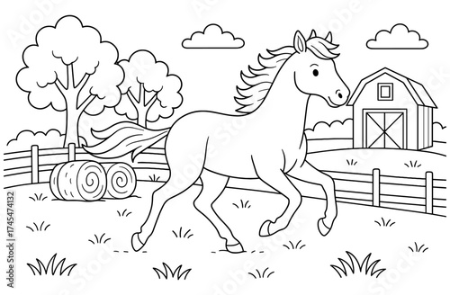 Graceful horse trotting in pastoral countryside outline scene