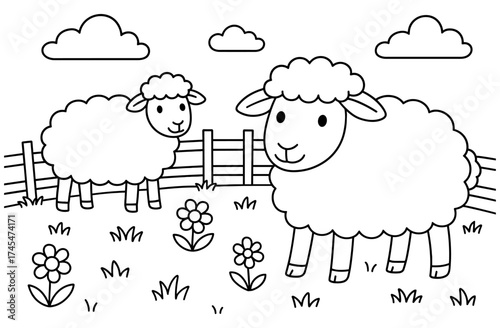 Cute sheep in a pastoral landscape with fences and flowers, black and white line art