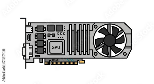 Vector Illustration of a Computer Graphics Card GPU with Cooling Fan and Ports.