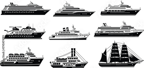 Black silhouette vector illustration, cruise ship, luxury yacht, passenger ferry, ocean liner, paddle steamer, sailing ship, research vessel, maritime transport, line art