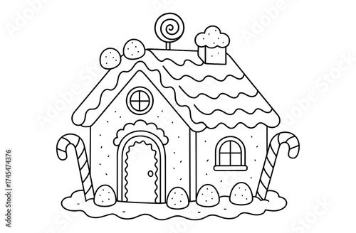 Whimsical gingerbread house with candy canes for coloring book fun
