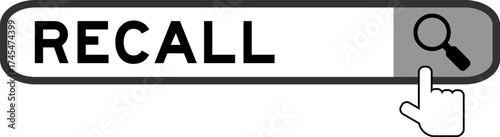 Search banner in word recall with hand over magnifier icon on white background