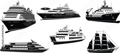 Black silhouette vector illustration, cruise ship, luxury yacht, research vessel, passenger ferry, sailing ship, river cruise boat, maritime transport, line art