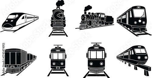Black silhouette vector illustration, high-speed train, steam locomotive, freight train, subway metro, tram streetcar, passenger train, railway transport, line art