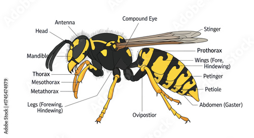 Detailed Anatomical Illustration of a Yellow Jacket Wasp.