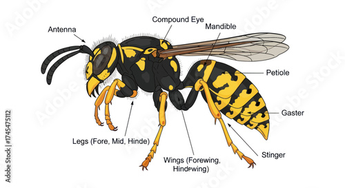 Detailed Illustration of a Yellow and Black Wasp with Labeled Anatomy.