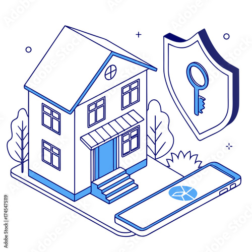 Isometric illustration of house security system with shield and smartphone