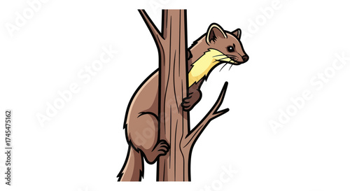 Cute Cartoon Marten Climbing Tree with Brown Fur and Yellow Chest.